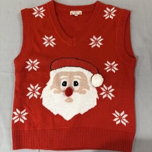Poof New York Christmas Sweater Vest Red Size Large Santa Snowflakes Pom Poms